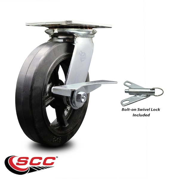 8 Inch Rubber On Steel Caster With Roller Bearing And Brake/Swivel Lock SCC